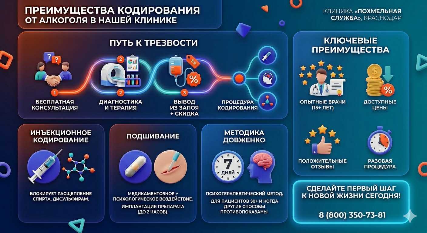 Инфографика о методах кодирования от алкоголя в Хадыженске: инъекции, подшивание, метод Довженко. Преимущества клиники и этапы лечения.
